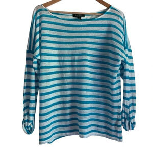 Lauren Ralph Lauren Top Linen Large White Blue Striped Dolman Sleeve Euro Summer